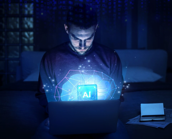 Pessoa usando notebook com holograma AI