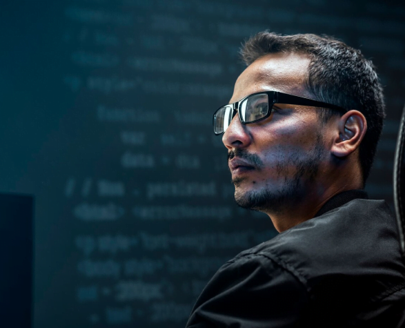 Homem com óculos e cenário tecnológico